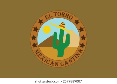 Mexican restaurant logo called El Torro Mexican Cantina, with a Mexican cultural feel with desert, sombreno hats, and cacti