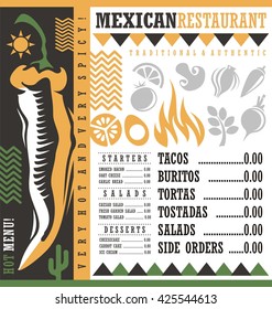 Mexican restaurant menu design template. Vector flyer layout for Mexican food. Document print background with chili pepper. Hot and spicy food. Tacos and burritos.