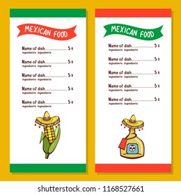 Mexican restaurant menu template. Corn on the cob and a bottle of tequila in a sombrero. The national Mexican flavor. Vector illustration.