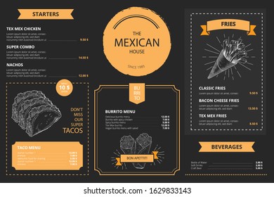 Mexican restaurant menu template with hand drawn food