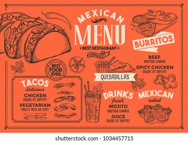 Mexican restaurant menu. Vector food flyer for bar and cafe. Design template with vintage hand-drawn illustrations.