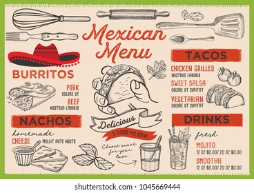 Mexican restaurant menu. Vector food flyer for bar and cafe. Design template with vintage hand-drawn illustrations.