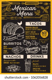 Mexican restaurant menu. Vector food flyer for bar and cafe. Design template with vintage hand-drawn illustrations.