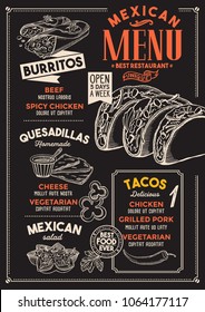 Mexican restaurant menu. Vector food flyer for bar and cafe. Design template with vintage hand-drawn illustrations.