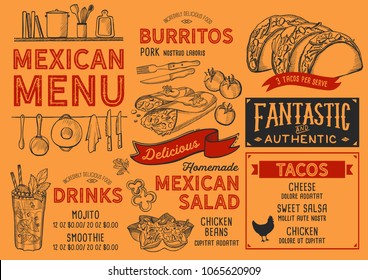 Mexican Restaurant Menu. Vector Food Flyer For Bar And Cafe. Design Template With Vintage Hand-drawn Illustrations.