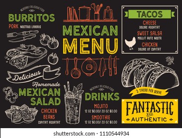 Mexican restaurant menu. Vector food flyer for bar and cafe. Design template with vintage hand-drawn illustrations.