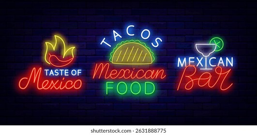 Conjuntos de rótulos de néon de restaurante mexicano. Bar do México. Pimenta quente, tequila e burrito. Ilustração de estoque vetorial