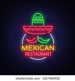 Mexican restaurant is a neon sign. Bright glow sign, neon banner, luminous logo, symbol, nightly advertisement of Mexican food. Design a template for your projects. Vector illustration