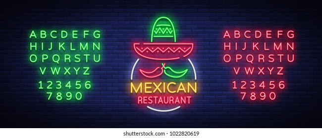Mexican restaurant is a neon sign. Bright glow sign, neon banner, luminous logo, symbol, nightly advertisement of Mexican food. Design template. Vector illustration. Editing text neon sign