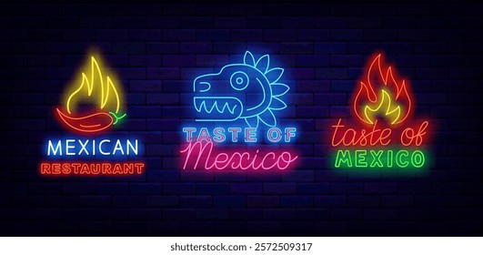 Mexican restaurant neon signboard. Taste of Mexico. Hot pepper. Mayo dragon. Vector stock illustration