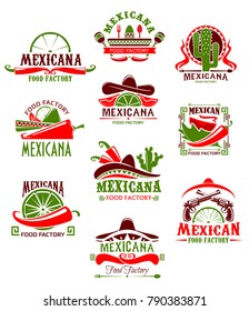 Mexican restaurant sign with pepper and sombrero. Spicy chili salsa and tomato sauce, taco, tequila and lime icon, decorated with cactus and maracas for mexican cuisine menu design