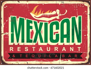 Mexican restaurant and tequila bar, old vintage sign concept with text message and hot chili on grunge red background. Vector art.