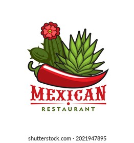 Mexican restaurant vector icon of Mexico cuisine spice food design. Isolated hot red chilli pepper and green leaves of agave cactus with flower emblem or symbol of Mexican tex-mex cafe or bistro