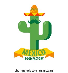 Mexican restaurant vector icon template of cactus in sombrero hat