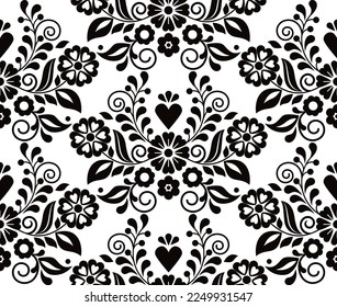 Mexican retro decorative floral embroidery style vector samless pattern, textile or fabric print design inspired by folk art from Mexico in black and white. Elegant monochrome wallpaper