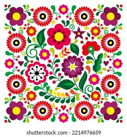 Mexican retro folk art style vector floral pattern in square, greeting card or wedding invitation design inspired by traditional embroidery from Mexico. Vibrant ornament with flowers and leaves