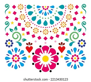 Mexican retro style vector design with hearts, flowers and geometric half mandala, vibrant folk art - perfect for Valentine's Day greeting card or wedding invitaion,, love concept

 