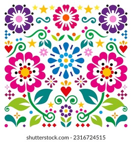 Mexican retro style vector square design with hearts, and flowers, vibrant folk art - perfect for greeting card or wedding invitaion.  
Traditional vibrant ornament with colorful floral motif on white