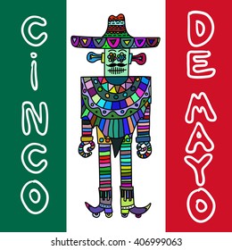 Mexican robot with sombrero and poncho white background. Cinco De Mayo holiday. Hand drawn work. Vector illustration.