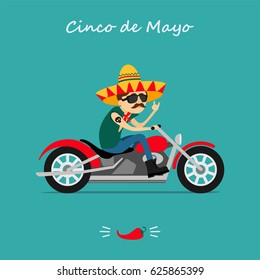Mexican rocker  in a sombrero  rides on the motorcycle.  Greeting card 2017