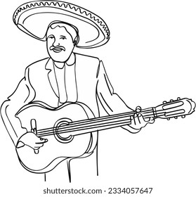 Mexican Rockstar Vector Illustration Guitarist with Sombrero, Outline Vector Art Mexican Musician with Guitar and Hat, Mexican Musician Icon