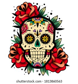 Mexican roses skull. Vector illustration. Dia de los muertos shugar colorful head.