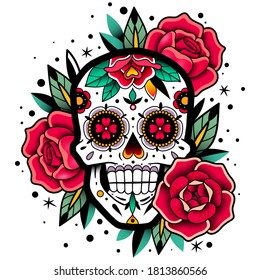 Mexican roses skull. Vector illustration. Dia de los muertos shugar colorful head.