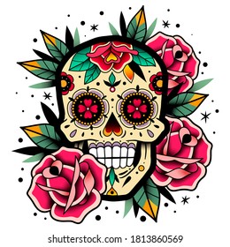 Mexican roses skull. Vector illustration. Dia de los muertos shugar colorful head.