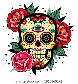 Mexican roses skull. Vector illustration. Dia de los muertos shugar colorful head.