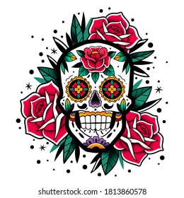 Mexican roses skull. Vector illustration. Dia de los muertos shugar colorful head.