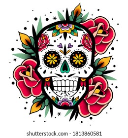 Calavera de rosas mexicanas. Ilustración vectorial. Dia de los muertos shugar colorida cabeza.