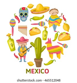 Mexican round composition with isolated colored icon set combined in big circle vector illustration