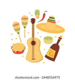 Mexican round emblem. Cinco de Mayo collection elements in circle shape. Musical tools, traditional cuisine. Mexican festivals and traditions. Vector hand drawn illustration isolated