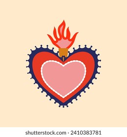 Mexican sacred flaming heart symbol. Mexican Gods heart apparel print, Mexico sacred decoration or Latin America culture love vector symbol. Christian religion spiritual tattoo or patch