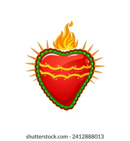 Mexican sacred heart with burning fire flames and rays, tattoo or religion vector symbol. Sacred heart or Corazon Milagro symbol of Jesus love and God divine miracle of Mexican Catholic religion