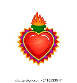 Mexican sacred heart with burning fire flames, tattoo and religion symbol, vector icon. Sacred heart or Corazon Milagro, Mexican Catholic religion sign of Jesus and God love or divine miracle