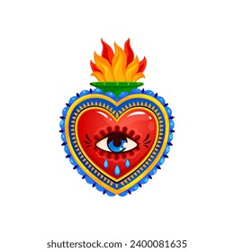 Corazón sagrado mexicano, flama ardiente y ojo llorando, tatuaje vectorial o símbolo religioso. Corazón sagrado con lágrimas o Corazon Milagro, símbolo de la religión católica mexicana del amor de Dios Jesús y milagro divino