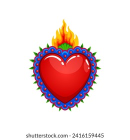 Corazón sagrado mexicano con llama ardiente, tatuaje vectorial o símbolo religioso. Corazón sagrado o Corazon Milagro de la religión católica mexicana, Jesús Dios amor y símbolo de milagro divino con ornamento étnico