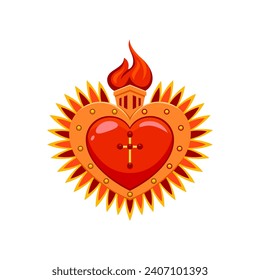 Mexikanisches heiliges Herz mit Kreuzkartoon-Symbol. spirituelle Tätowierung oder -fleck christlicher Religion, mexikanisches heiliges Herz mit Flamme, goldenes Kreuz und Ziegenapparel, einzelne Vektorgrafik oder Dekoration