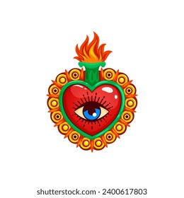 Mexican sacred heart with eye and burning flames, tattoo or religion vector symbol. Sacred heart or Corazon Milagro symbol of Jesus love and God divine miracle in Mexican Catholic religion