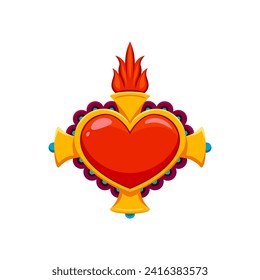 Mexican sacred heart with flames vintage icon. Christian religion Jesus heart symbol or apparel print, Mexico love sacred decoration, patch or isolated vector icon with fire flames and golden cross