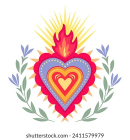 Mexican Sacred Heart with flowers, thorns and fire. Corazon Mexicano.