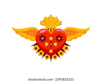 Mexican sacred heart with golden wings and crown. Mexico sacred symbol apparel print, Latin America culture spiritual tattoo or isolated vector heart patch with thorns, golden crown, wings and cross