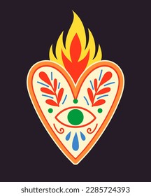 Mexican sacred heart. Patch with eye, branches and flame or fire. Spirituality and esotericism. Dia de los muertos holiday. Template, layout and mock up. Cartoon flat vector illustration