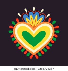 Mexican sacred heart. Patch with flame or fire. Ornament and decoration. Holy and religion. Mysticism and esotericism. Template, layout and mock up. Cartoon flat vector illustration