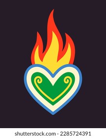Mexican sacred heart. Patch with flame or fire. Dia de los muertos, Day of Dead, traditional Mexican holiday. Sticker for social networks and messengers. Cartoon flat vector illustration