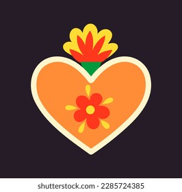 Mexican sacred heart. Patch with flower, flame or fire. Mexican traditional holiday or festival. Culture and religion. Sticker for social networks and messengers. Cartoon flat vector illustration