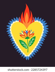 Mexican sacred heart. Patch with flower and flame or fire. Symbol of traditional Mexican holiday. Religion and Catholicism. Traditions and culture. Cartoon flat vector illustration