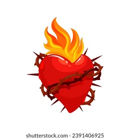 Mexican sacred heart tattoo and symbol of Mexico culture and religion art, vector icon. Sacred heart in thorns and burning fire flame, Corazon Milagro Mexican religious sign of Jesus and God love