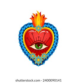 Mexican sacred heart tattoo and symbol. Isolated cartoon vector vibrant and intricate representation with eye, fire and flowers, embodies devotion, love, and spirituality, signify passion, sacrifice